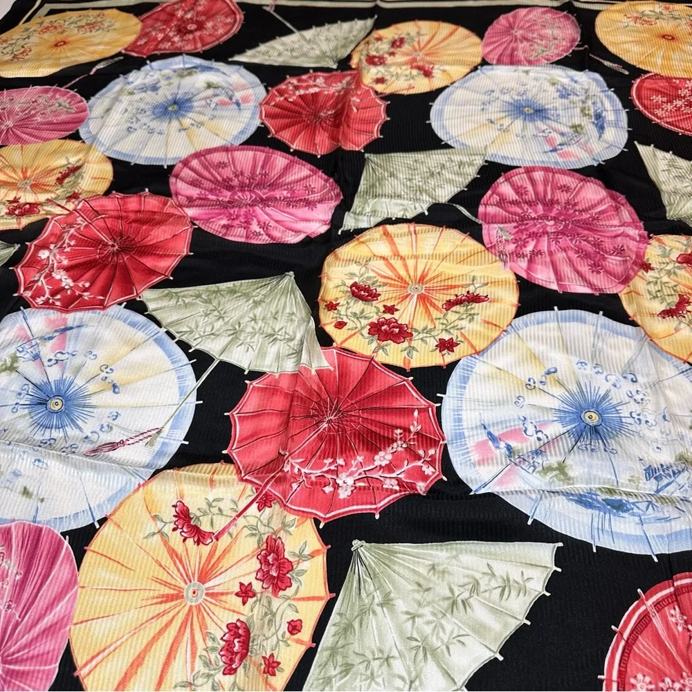 Talbots 100% Silk Scarf – Black with Multi-Colored Floral Parasols, Like New